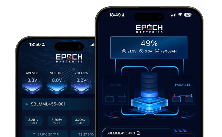 Epoch Li-ion mobile app screenshots showing battery monitoring features